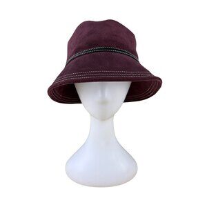 Coach Womens Burgundy Leather Bucket Hat M/L Adjustable Stylish Design